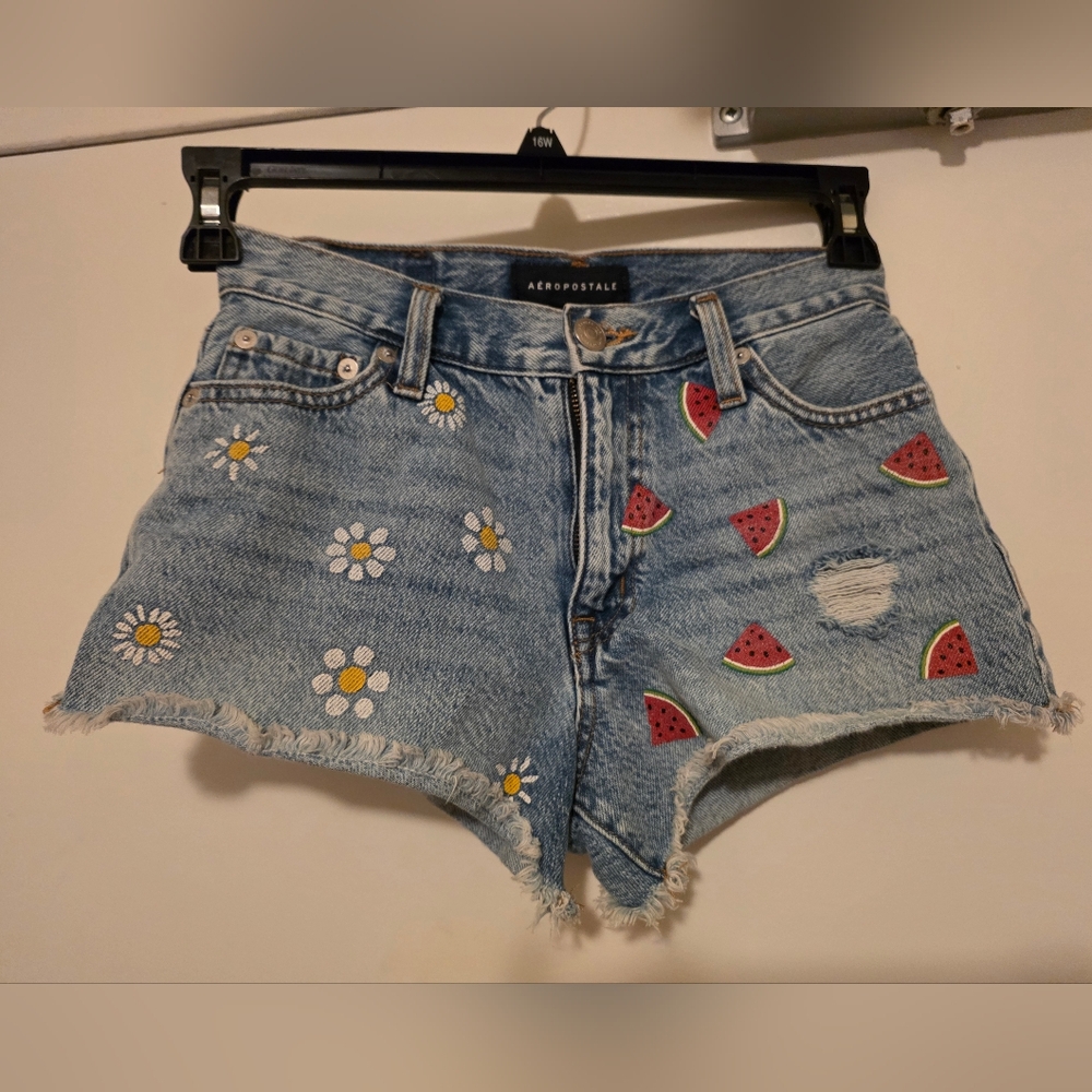 Aeropostale Light Blue Denim Shorts with Daisy and Watermelon Prints